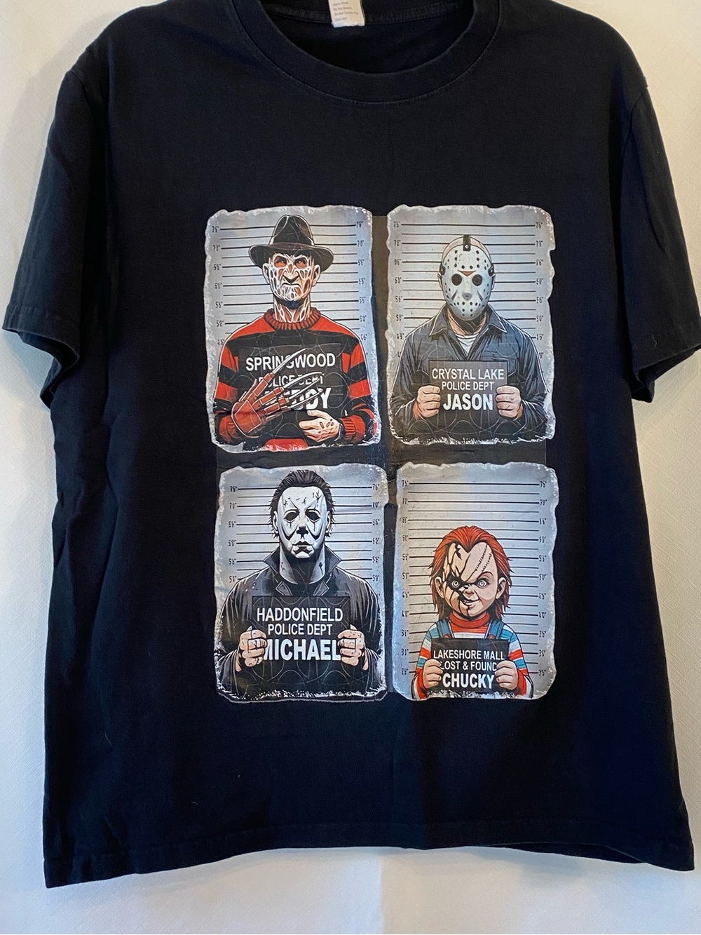 Mens Black Graphic Horror Characters Mugshot Short-Sleeve Cotton T-Shirt LG